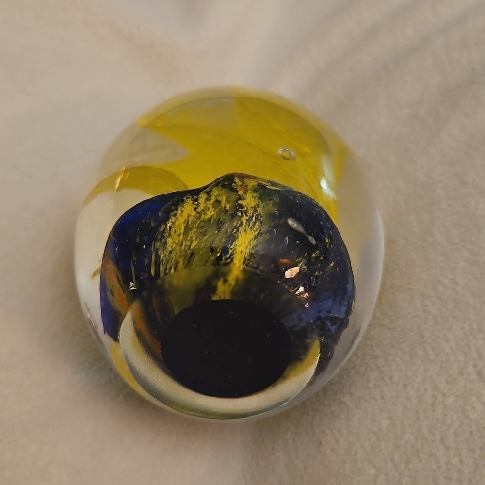 Vintage Yellow Swirl and Blue Art Glass Egg Shape Paperweight Decor - Picture 4 of 6
